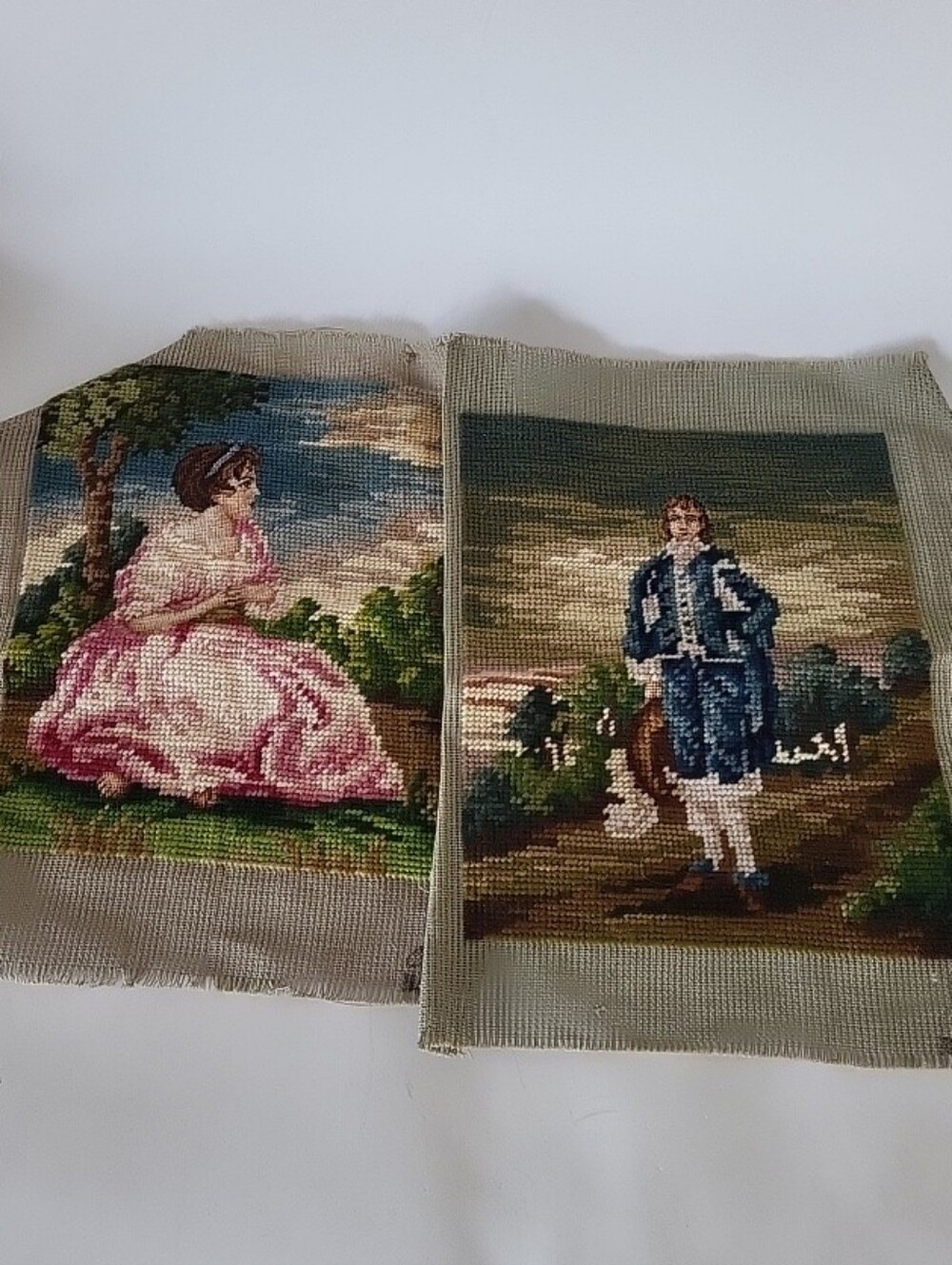 Pair of Vintage Needlepoint Portrait Panels in Pink and Blue